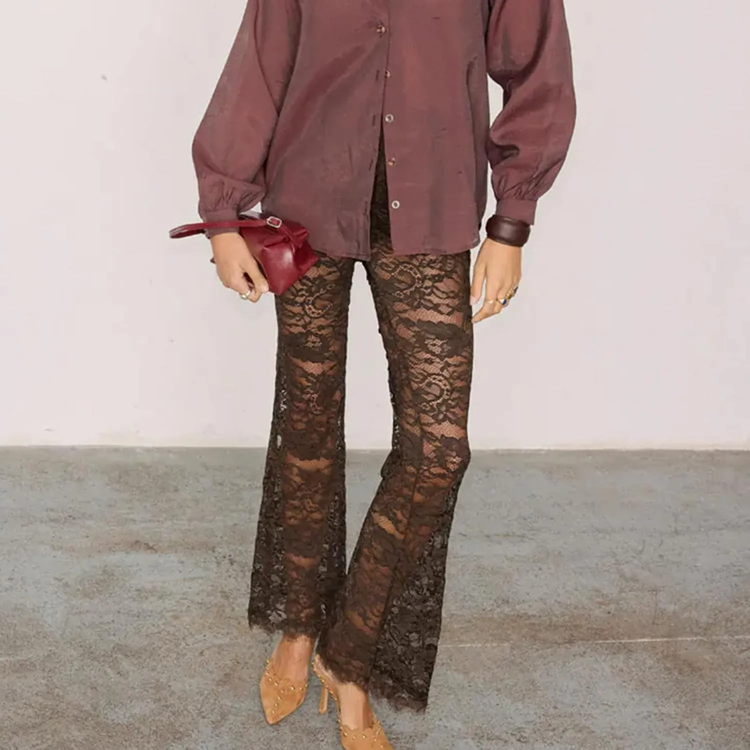 Women's Sheer Lace Flare Pants Sexy See Through High Waist Leggings Gothic Floral Bell-Bottoms Trousers Streetwear