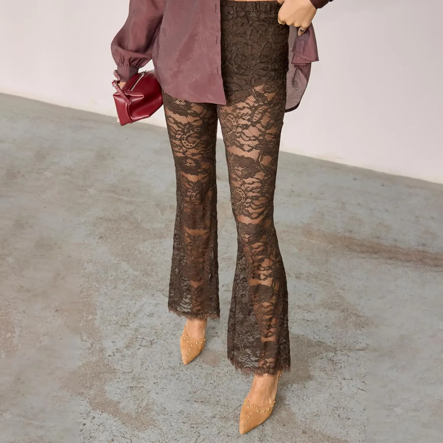 Women's Sheer Lace Flare Pants Sexy See Through High Waist Leggings Gothic Floral Bell-Bottoms Trousers Streetwear