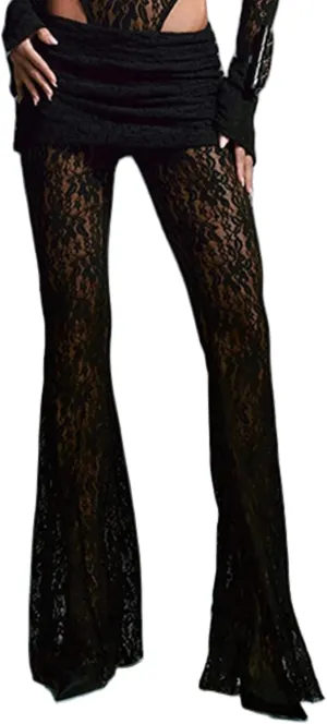 Women's Sheer Lace Flare Pants Sexy See Through High Waist Leggings Gothic Floral Bell-Bottoms Trousers Streetwear