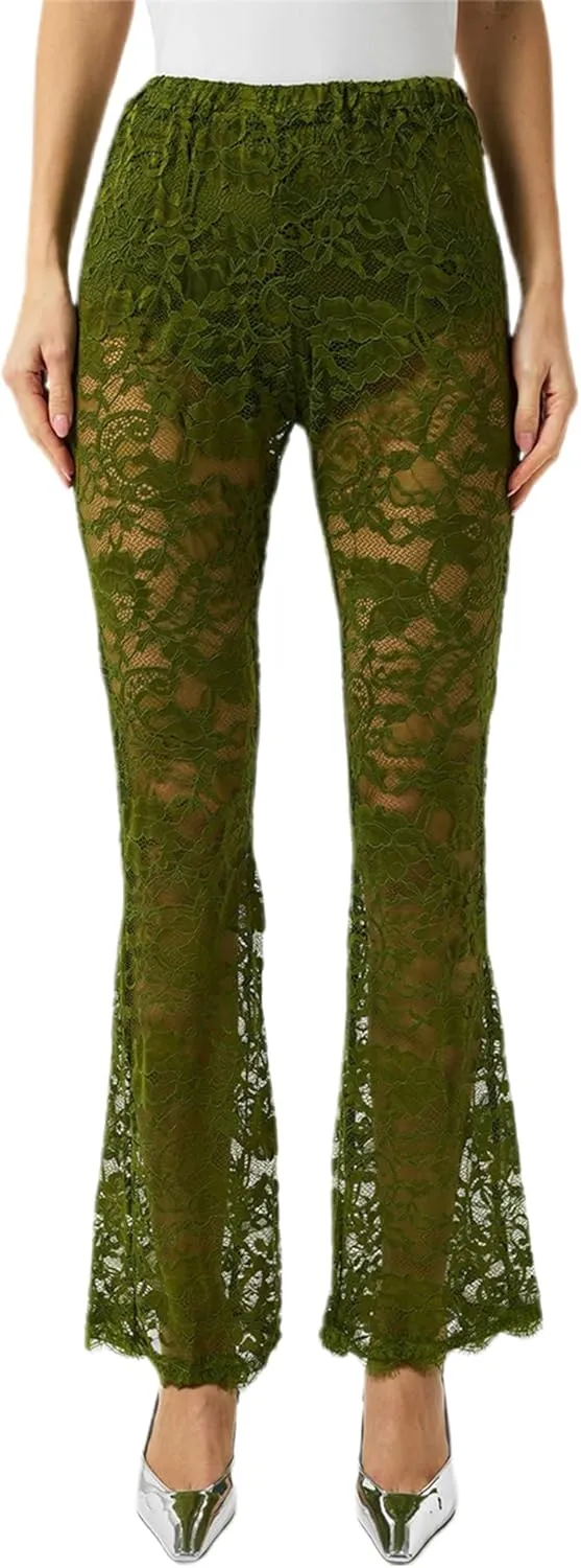 Women's Sheer Lace Flare Pants Sexy See Through High Waist Leggings Gothic Floral Bell-Bottoms Trousers Streetwear