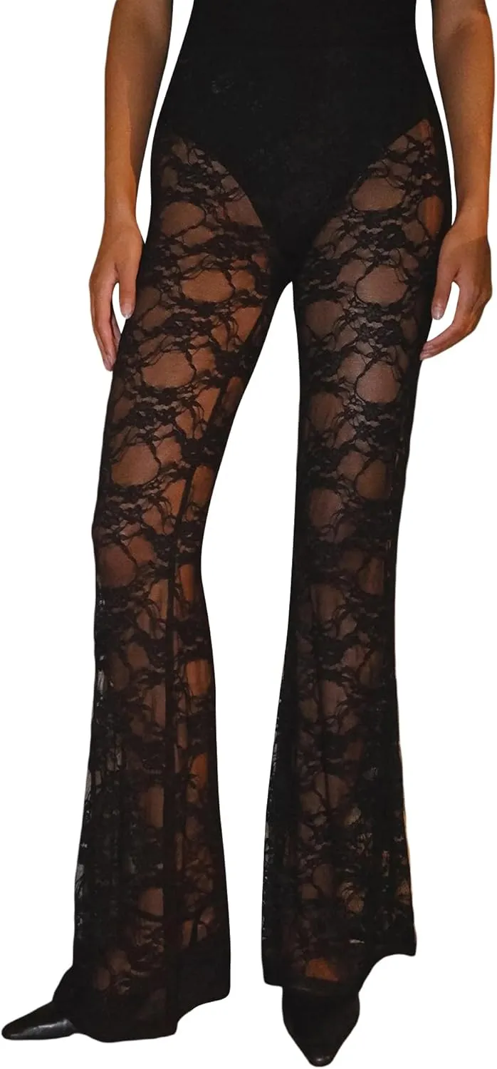 Women's Sheer Lace Flare Pants Sexy See Through High Waist Leggings Gothic Floral Bell-Bottoms Trousers Streetwear