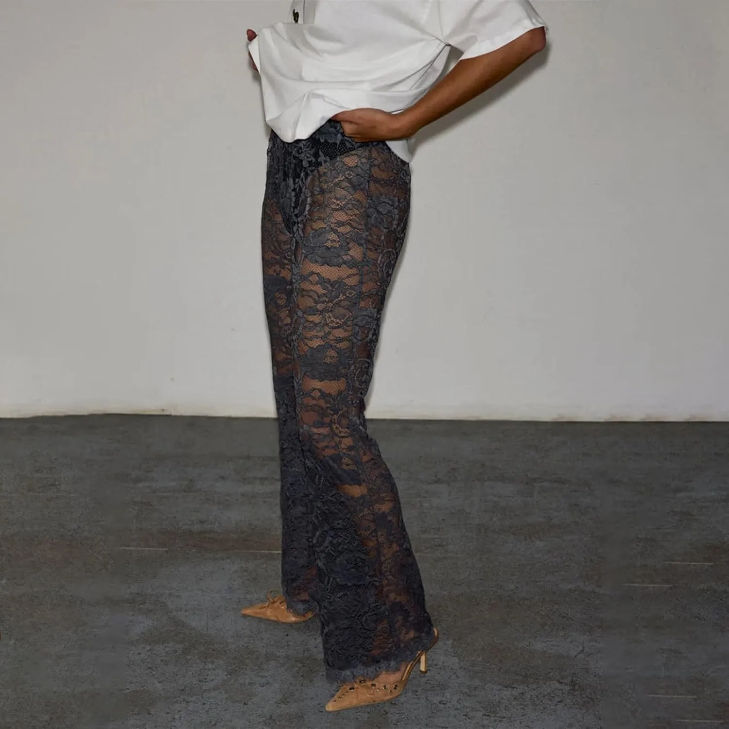 Women's Sheer Lace Flare Pants Sexy See Through High Waist Leggings Gothic Floral Bell-Bottoms Trousers Streetwear