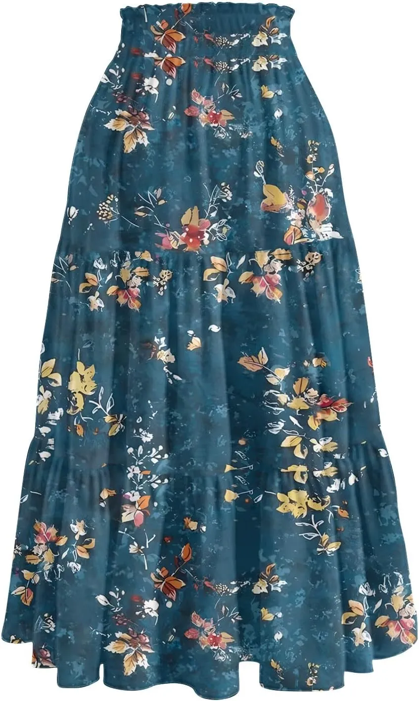 Womens Skirts Midi Length Boho Beach Vacation Flowy Floral Skirt Summer Casual Tiered High Waisted A Line Skirt