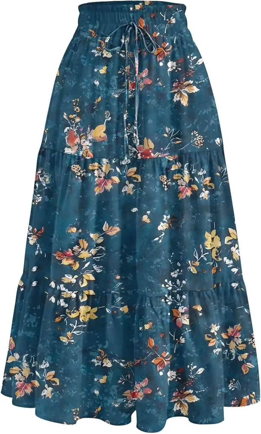 Womens Skirts Midi Length Boho Beach Vacation Flowy Floral Skirt Summer Casual Tiered High Waisted A Line Skirt