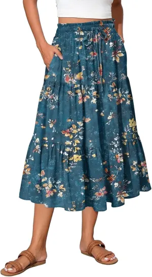 Womens Skirts Midi Length Boho Beach Vacation Flowy Floral Skirt Summer Casual Tiered High Waisted A Line Skirt