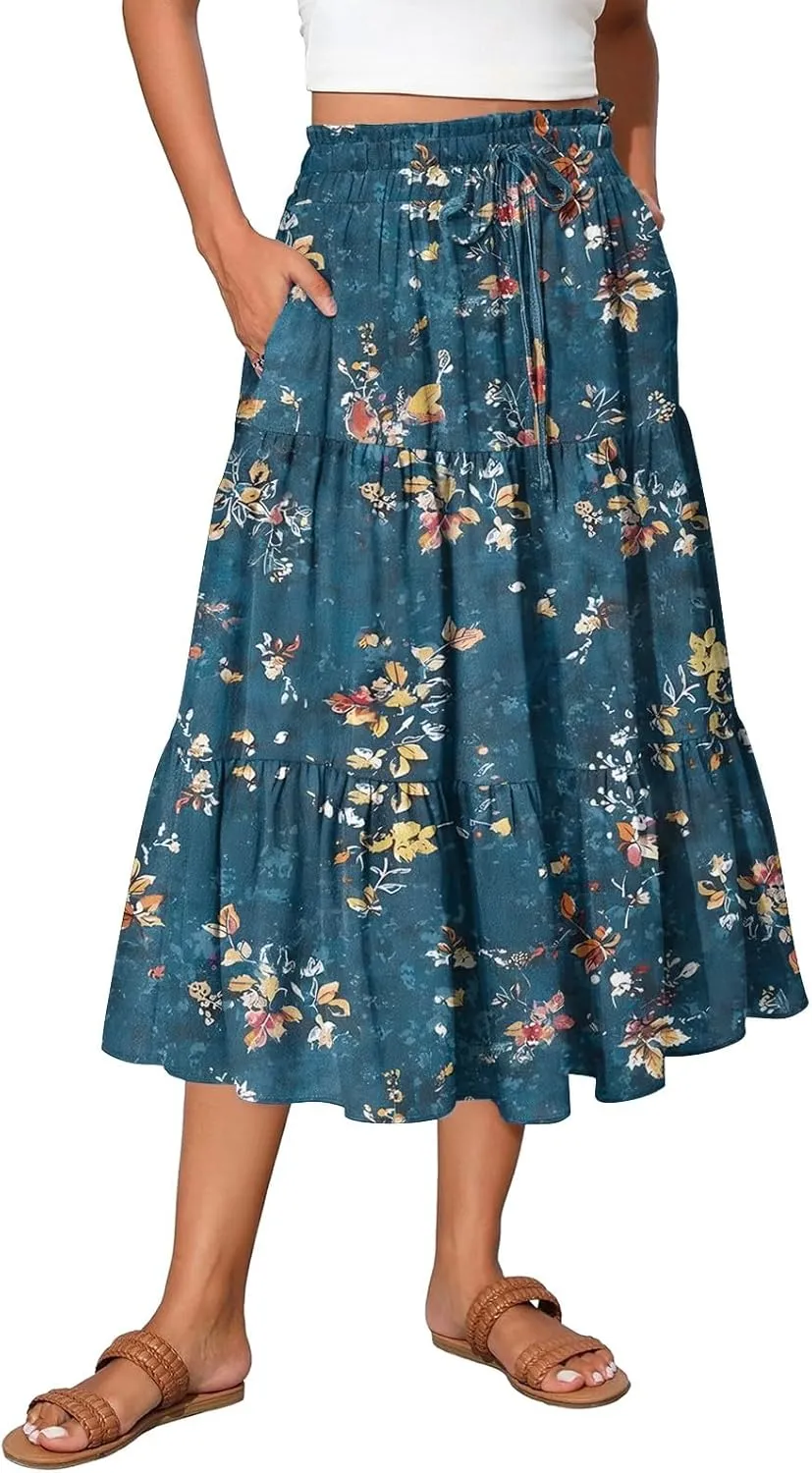 Womens Skirts Midi Length Boho Beach Vacation Flowy Floral Skirt Summer Casual Tiered High Waisted A Line Skirt