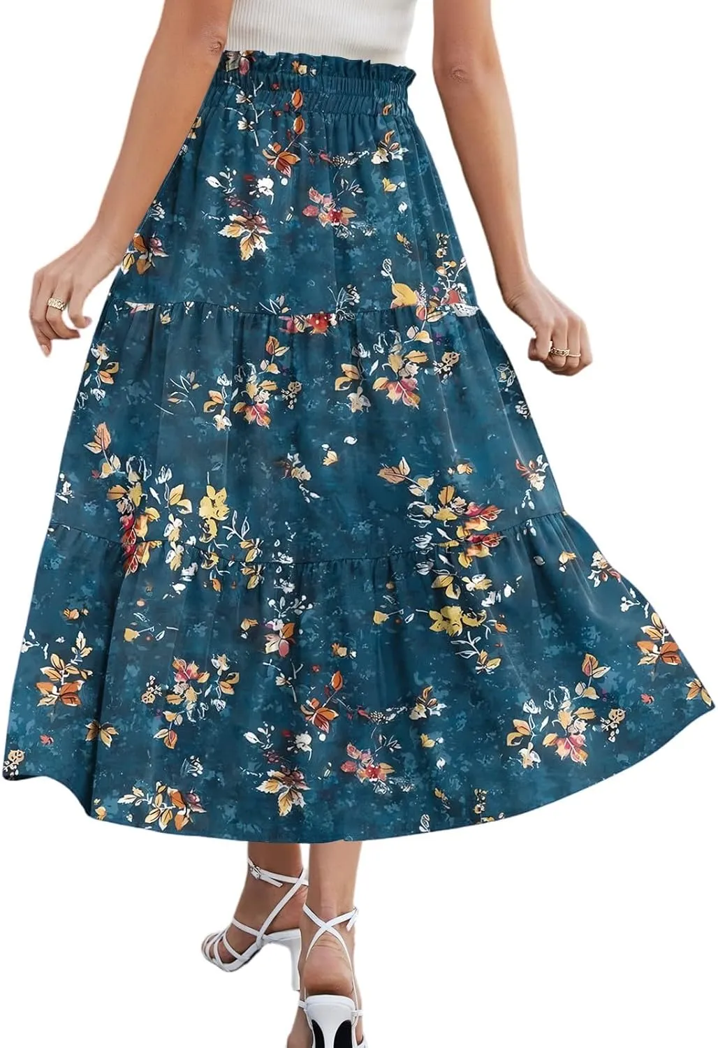 Womens Skirts Midi Length Boho Beach Vacation Flowy Floral Skirt Summer Casual Tiered High Waisted A Line Skirt