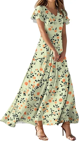 Womens Spring Chiffon Dresses 2025 Summer Flowy Short Sleeve High Waisted Dress A Line Wedding Guest V Neck Dresses