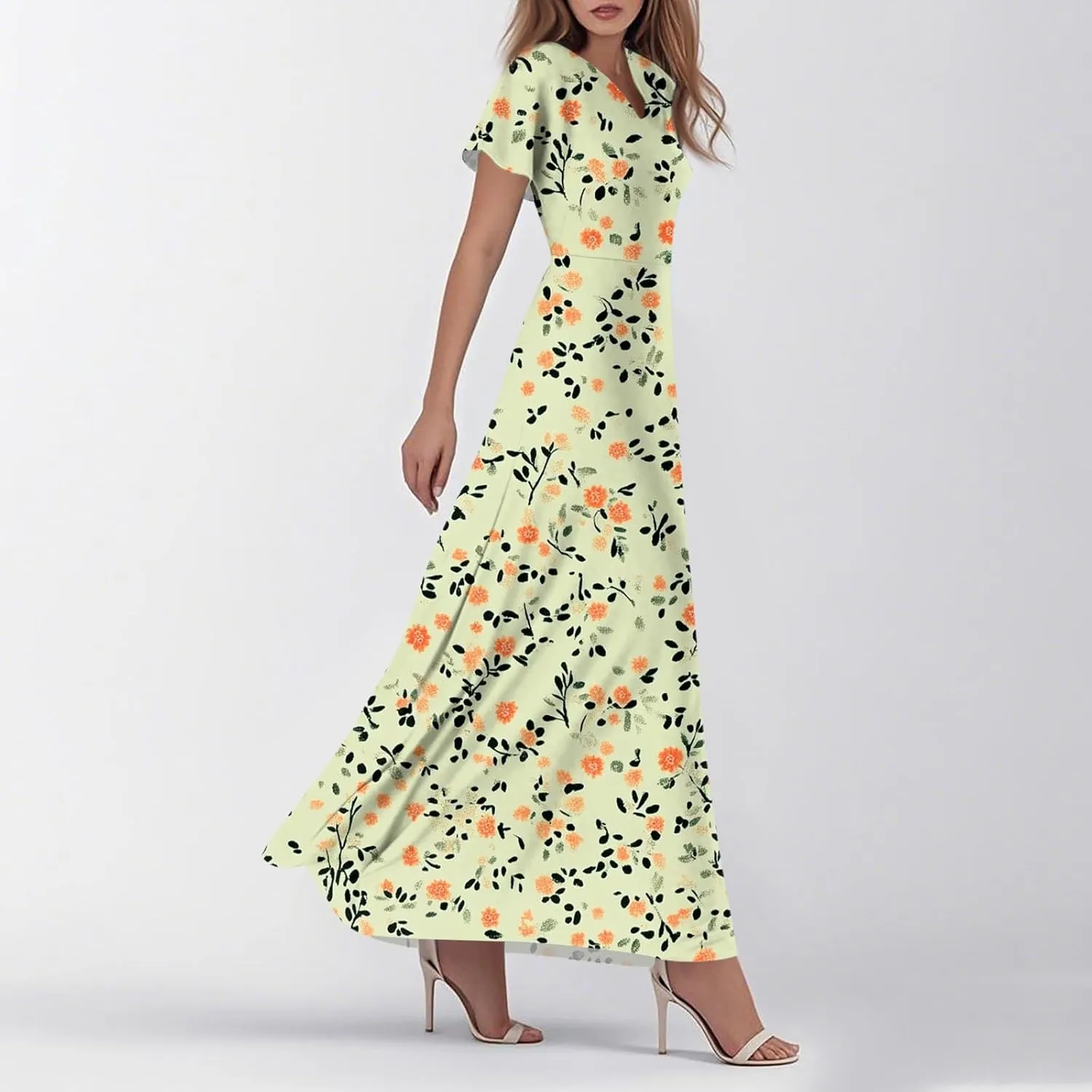 Womens Spring Chiffon Dresses 2025 Summer Flowy Short Sleeve High Waisted Dress A Line Wedding Guest V Neck Dresses