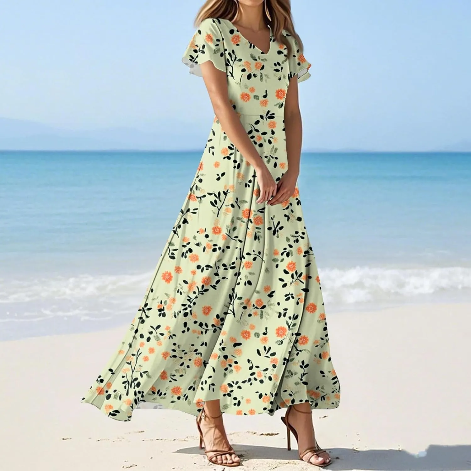 Womens Spring Chiffon Dresses 2025 Summer Flowy Short Sleeve High Waisted Dress A Line Wedding Guest V Neck Dresses