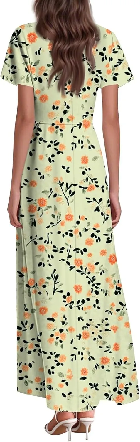 Womens Spring Chiffon Dresses 2025 Summer Flowy Short Sleeve High Waisted Dress A Line Wedding Guest V Neck Dresses