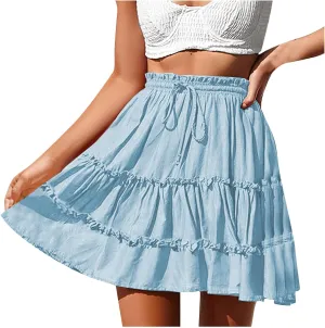 Womens Summer Beach Skirts Flowy Ruffle Tiered Mini Skirt Cute High Waist Boho Flared A-Line Short Skirts Dress