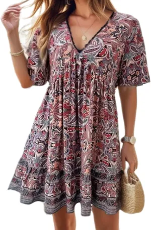 Women's Summer Boho Mini Dress Casual Beach Vacation Sundresses Shorts Sleeves V-Neck Flowy Swing Short Dress