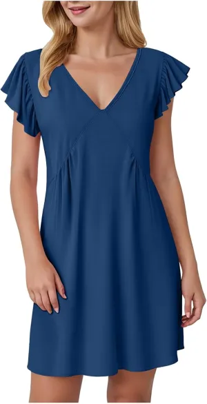 Women's Summer Dresses 2025 Beach Casual Deep V Neck Loose Sundress Ruffle Sleeve Mini Dress