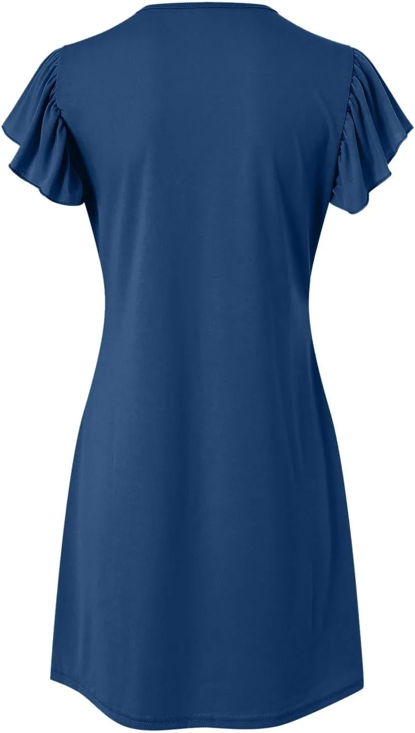 Women's Summer Dresses 2025 Beach Casual Deep V Neck Loose Sundress Ruffle Sleeve Mini Dress