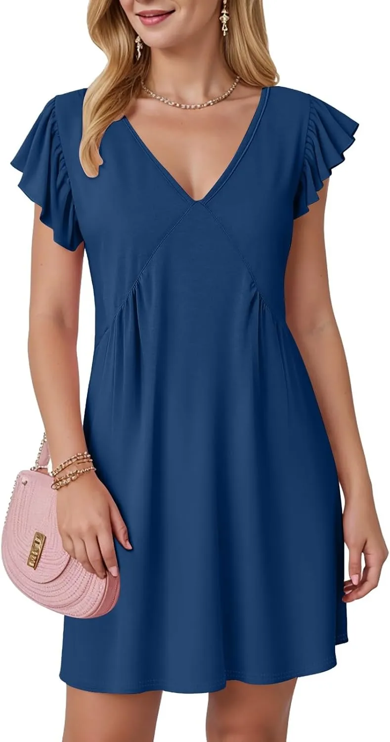 Women's Summer Dresses 2025 Beach Casual Deep V Neck Loose Sundress Ruffle Sleeve Mini Dress