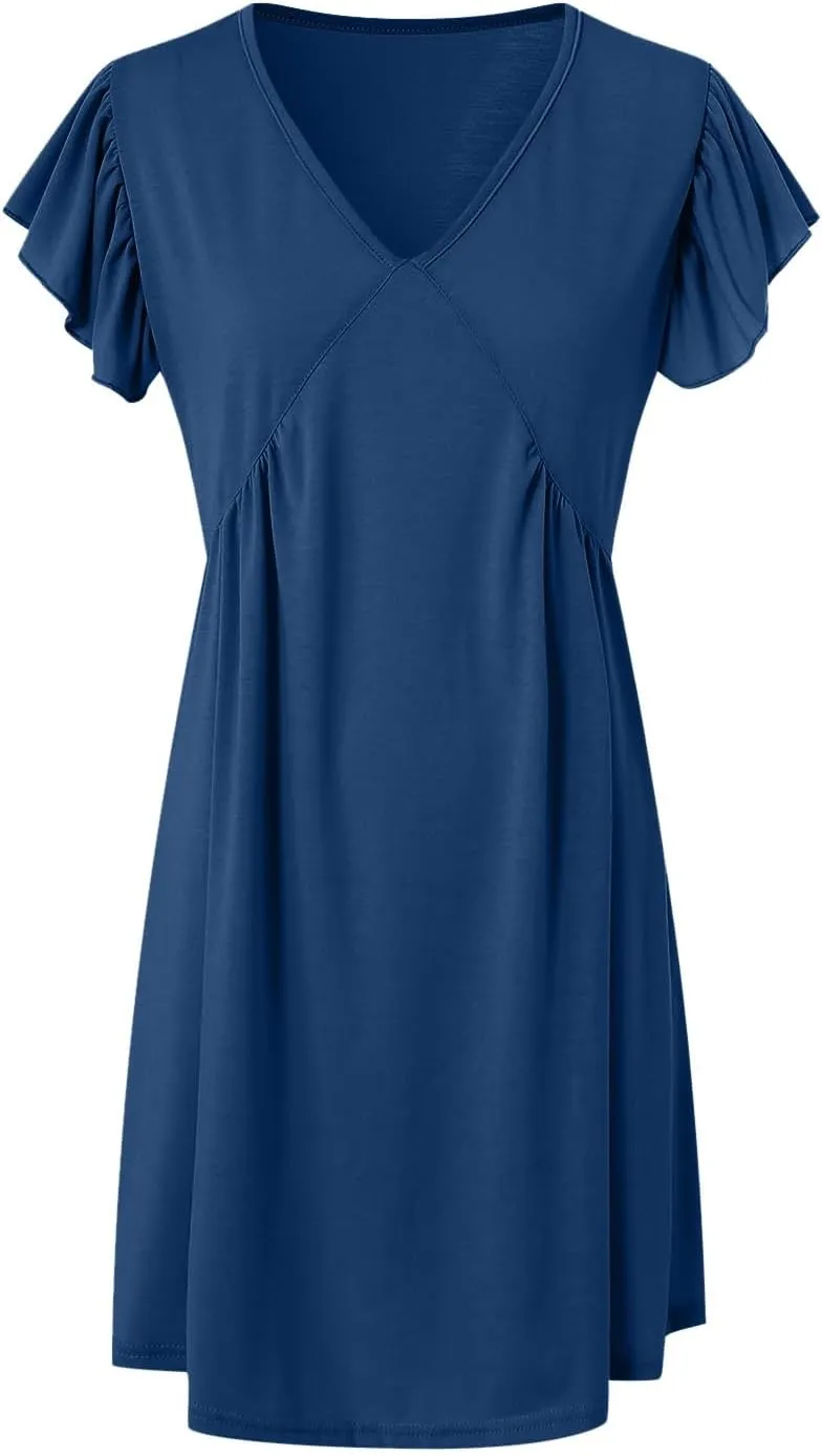 Women's Summer Dresses 2025 Beach Casual Deep V Neck Loose Sundress Ruffle Sleeve Mini Dress