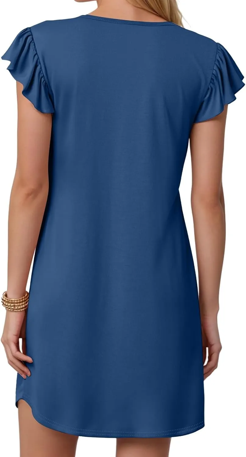 Women's Summer Dresses 2025 Beach Casual Deep V Neck Loose Sundress Ruffle Sleeve Mini Dress