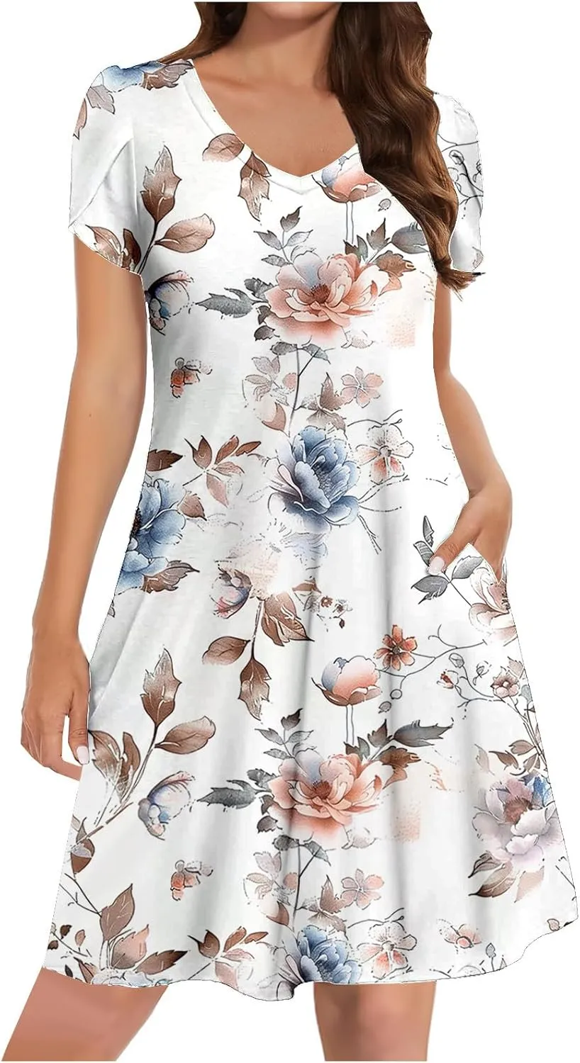 Womens Summer Dresses Casual Floral Sun Dresses Mini a-line Dress Flowy Beach Swing Dress Vacation with Pockets
