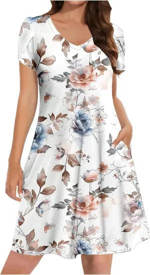 Womens Summer Dresses Casual Floral Sun Dresses Mini a-line Dress Flowy Beach Swing Dress Vacation with Pockets