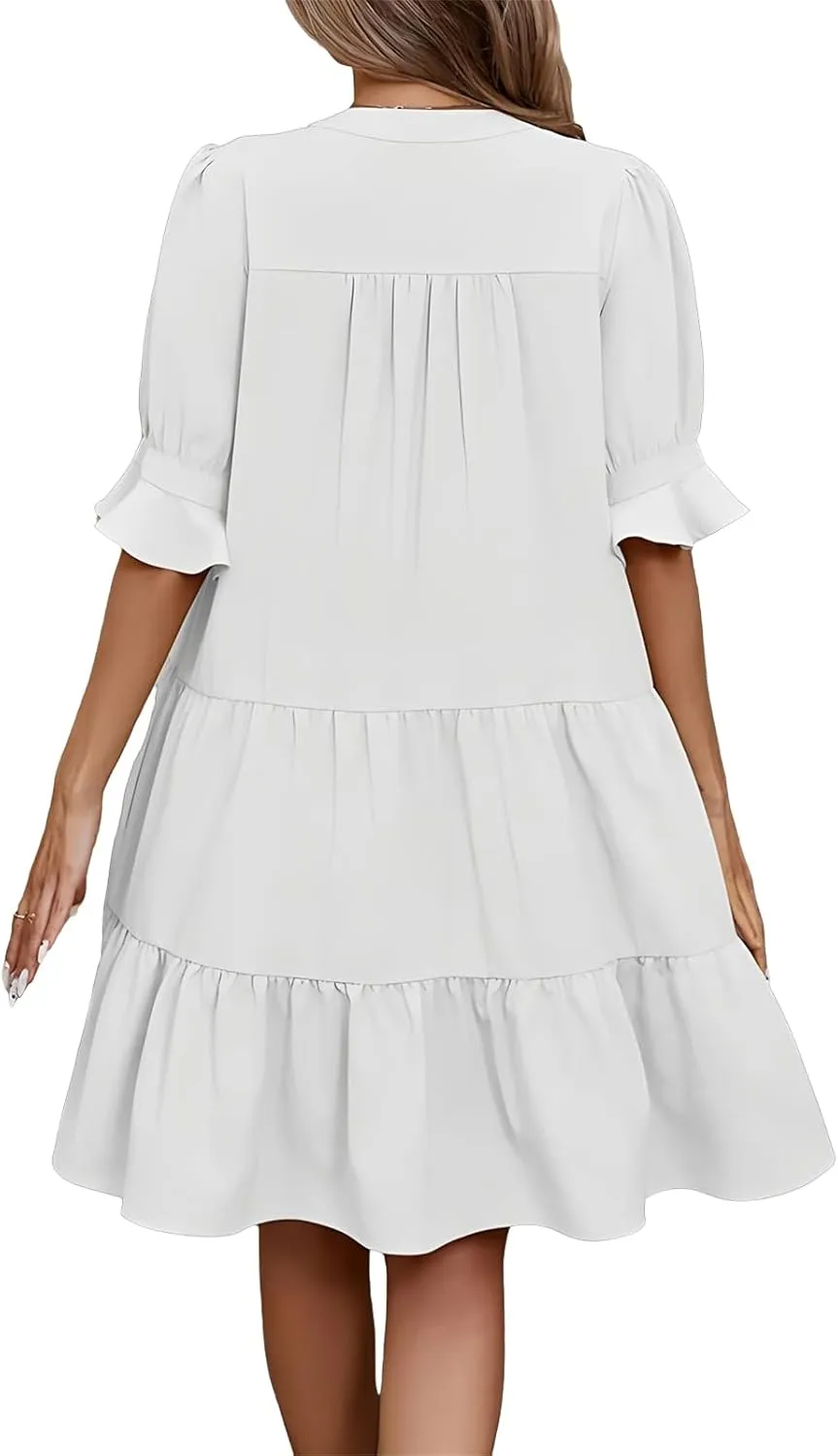 Womens Summer Dresses Casual Ruffle Short Sleeve V Neck Mini Dress Trendy Tiered Formal Dresses Loose Flowy Swing Dress