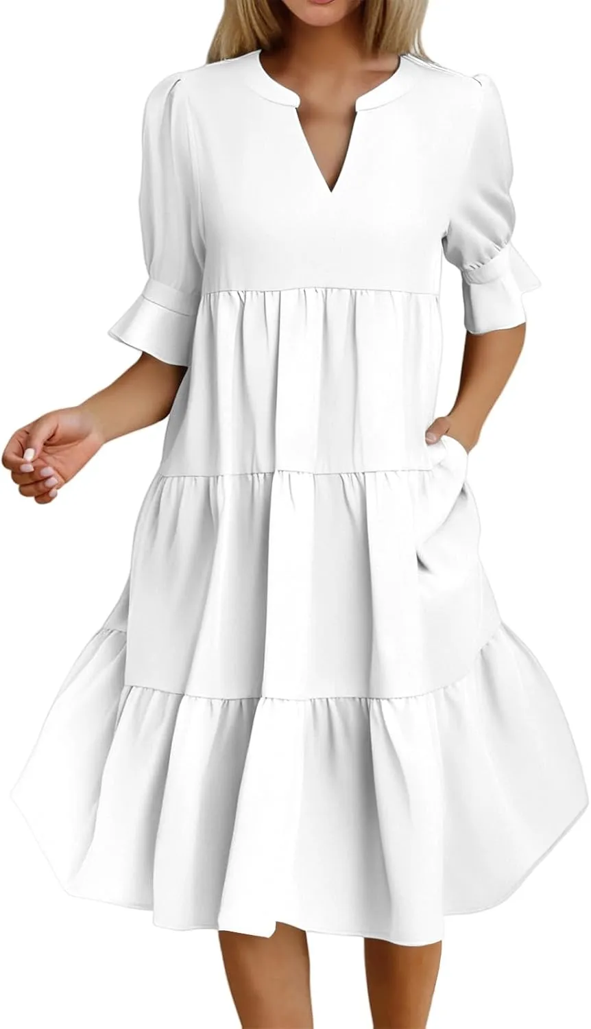 Womens Summer Dresses Casual Ruffle Short Sleeve V Neck Mini Dress Trendy Tiered Formal Dresses Loose Flowy Swing Dress