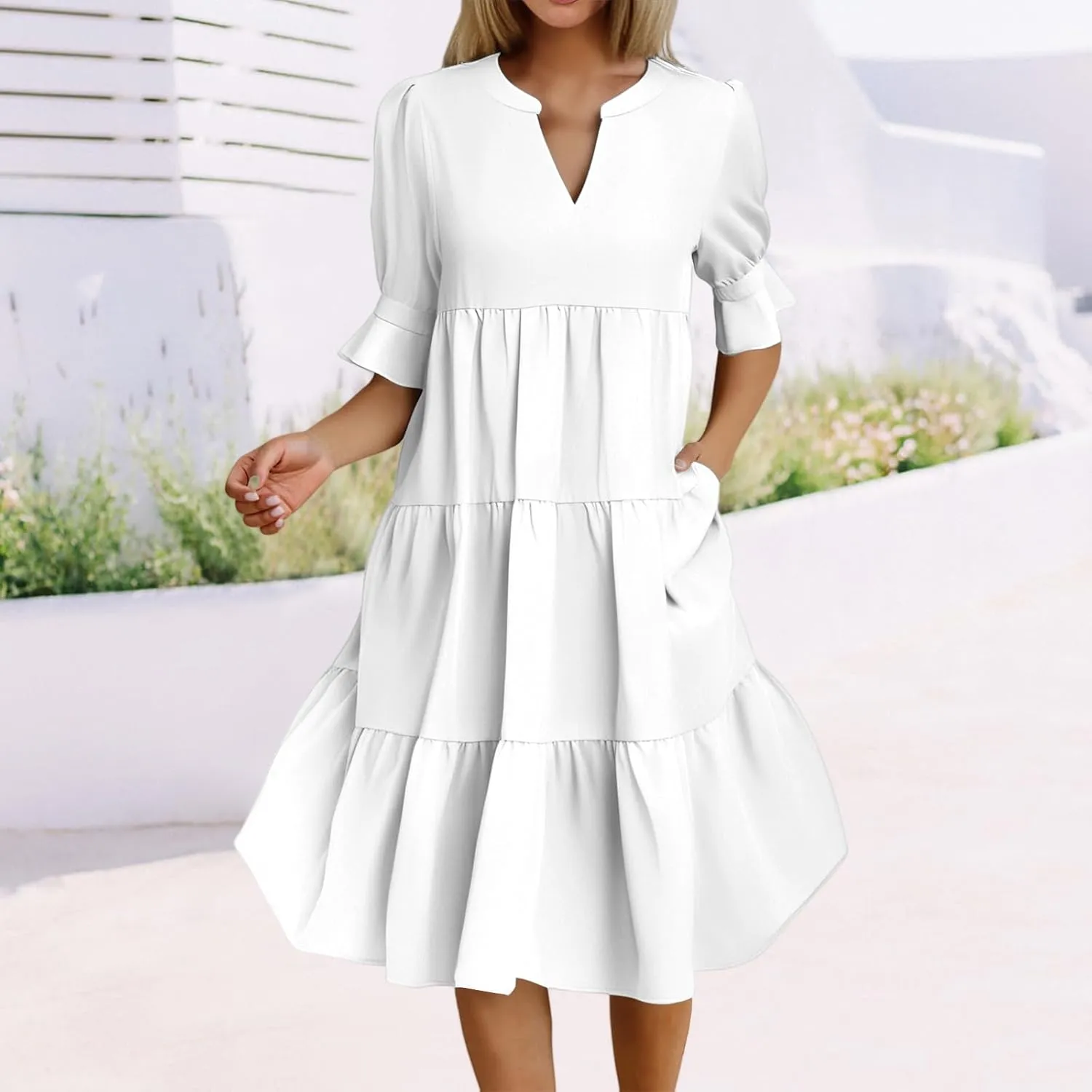 Womens Summer Dresses Casual Ruffle Short Sleeve V Neck Mini Dress Trendy Tiered Formal Dresses Loose Flowy Swing Dress