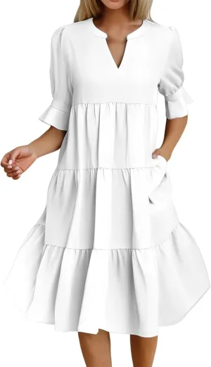 Womens Summer Dresses Casual Ruffle Short Sleeve V Neck Mini Dress Trendy Tiered Formal Dresses Loose Flowy Swing Dress