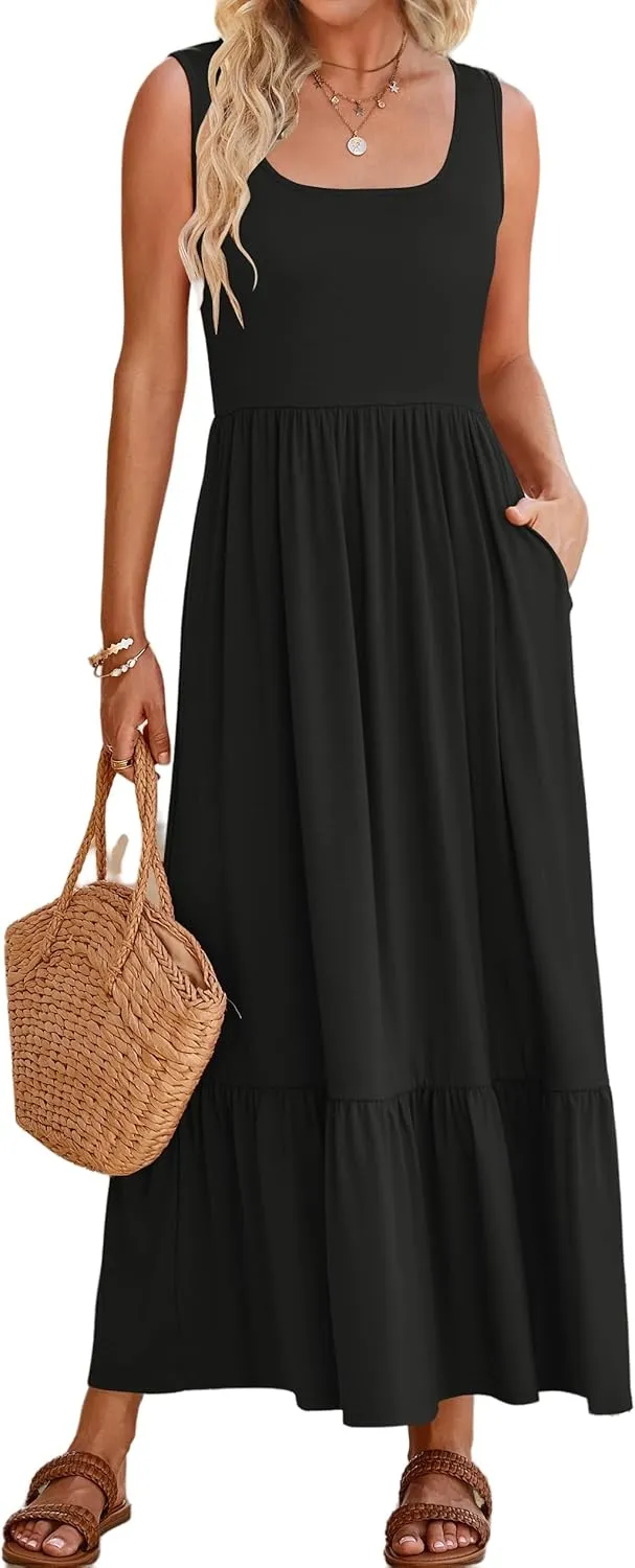 Womens Summer Dresses Square Neck Sleeveless Maxi Dress Casual Tiered Long Beach Sundress Ruffle A Line Flowy Dresses