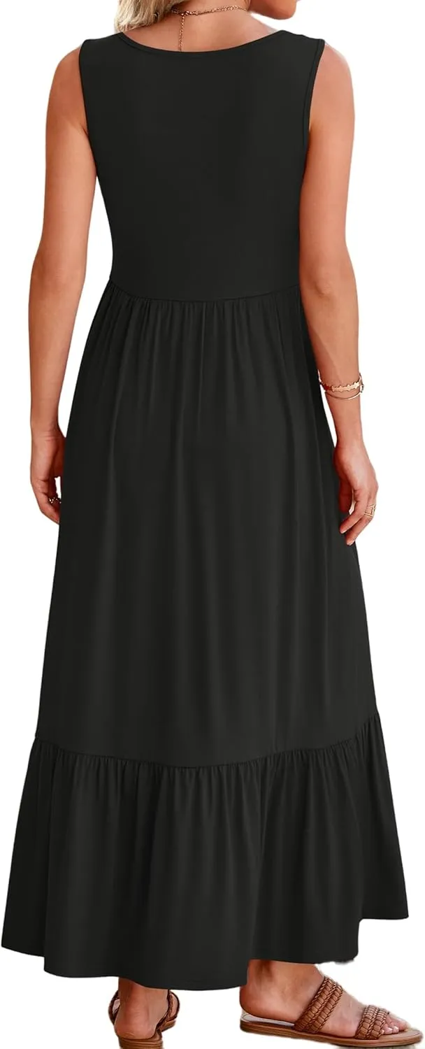 Womens Summer Dresses Square Neck Sleeveless Maxi Dress Casual Tiered Long Beach Sundress Ruffle A Line Flowy Dresses