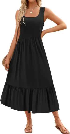 Womens Summer Dresses Square Neck Sleeveless Maxi Dress Casual Tiered Long Beach Sundress Ruffle A Line Flowy Dresses
