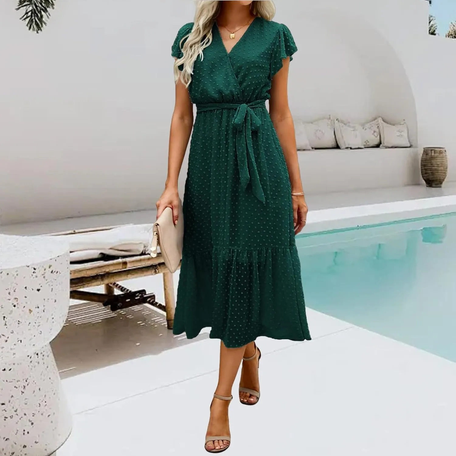 Women's Summer Floral Boho Dress Casual Wrap V Neck Ruffle Cap Sleeve Dress A-Line Flowy Belted Dresses Beach Dresses