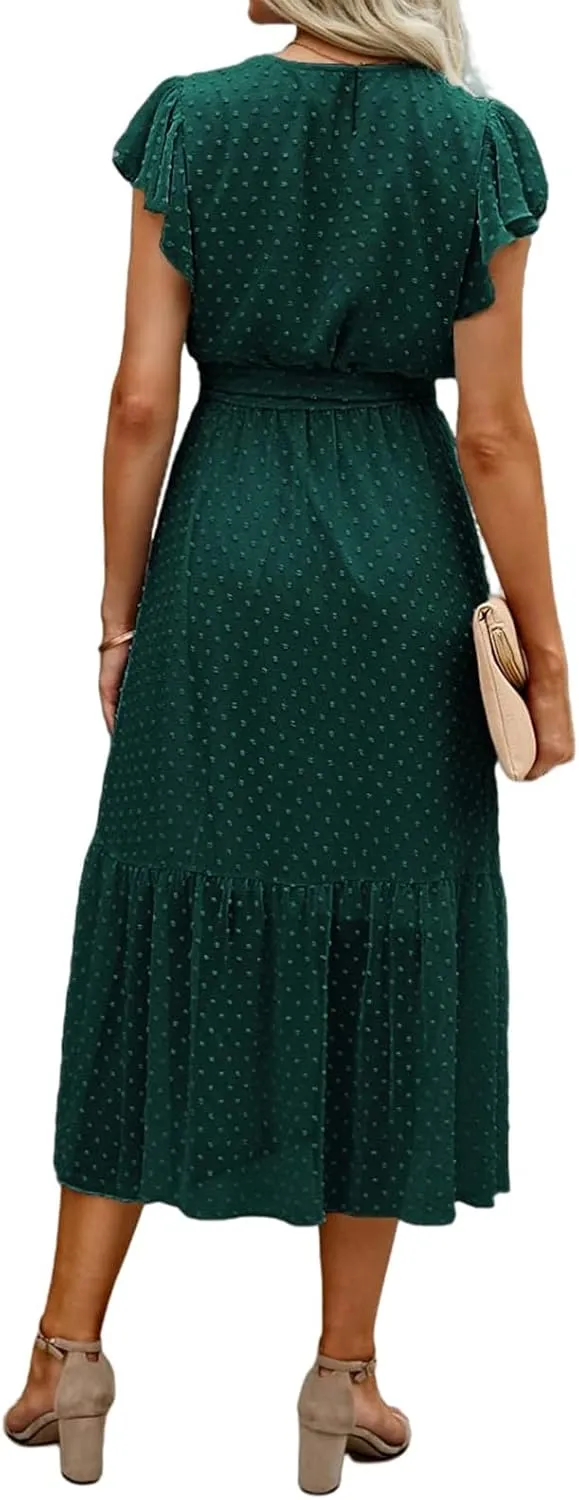Women's Summer Floral Boho Dress Casual Wrap V Neck Ruffle Cap Sleeve Dress A-Line Flowy Belted Dresses Beach Dresses