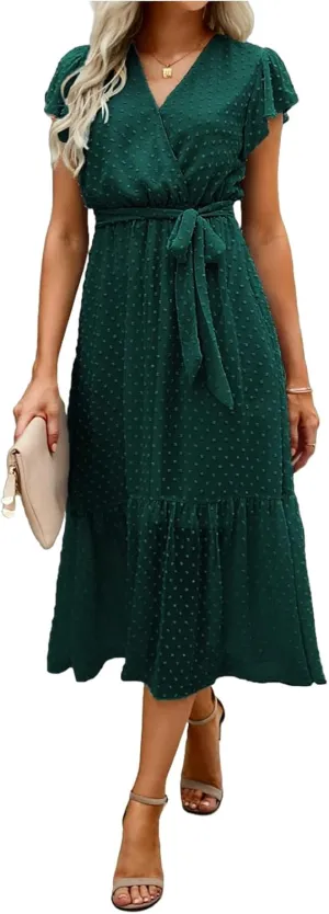 Women's Summer Floral Boho Dress Casual Wrap V Neck Ruffle Cap Sleeve Dress A-Line Flowy Belted Dresses Beach Dresses