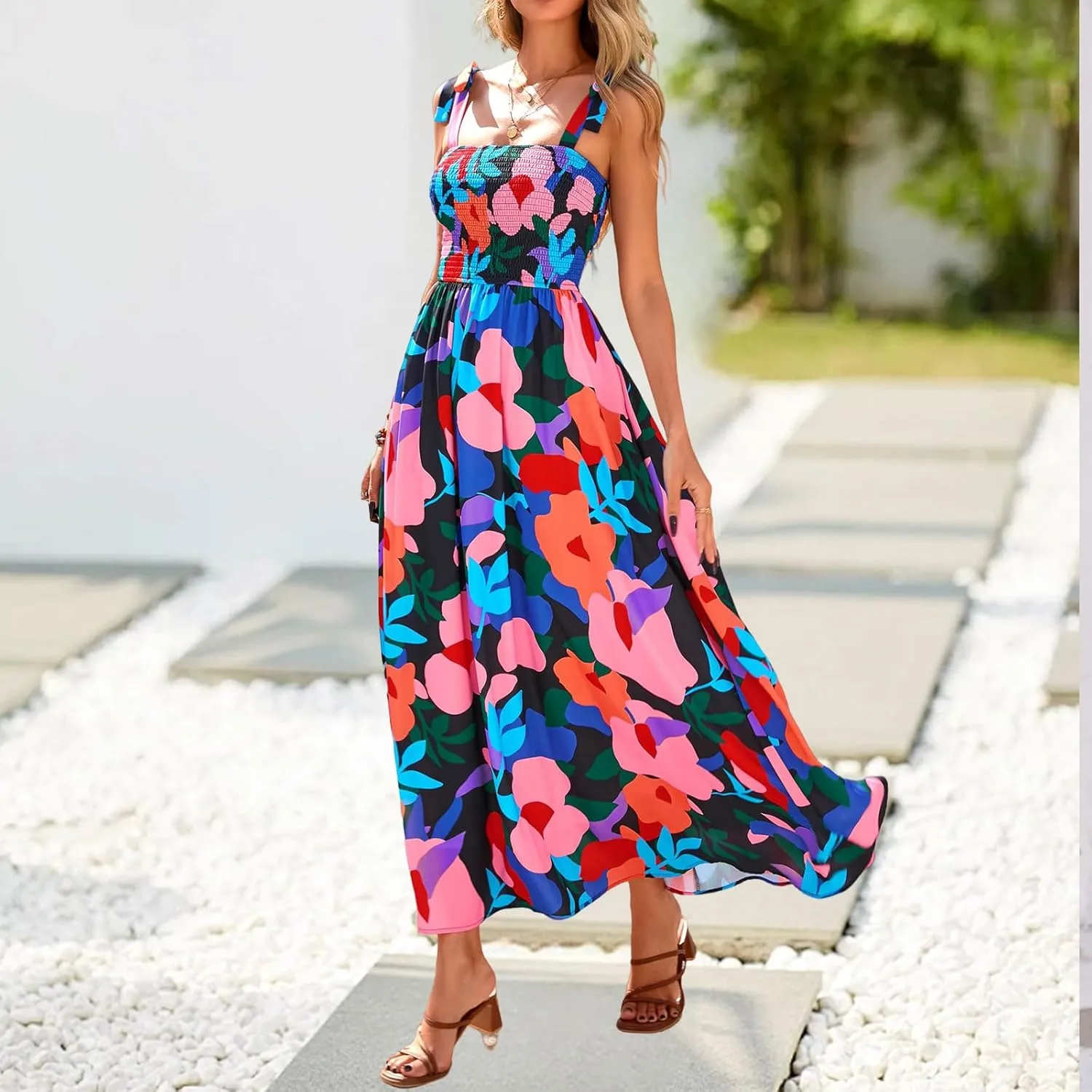 Women's Summer Floral Maxi Dress Spaghetti Strap Smocked Boho Beach Long Dress Sleeveless Ruffle Tiered Flowy Dresses