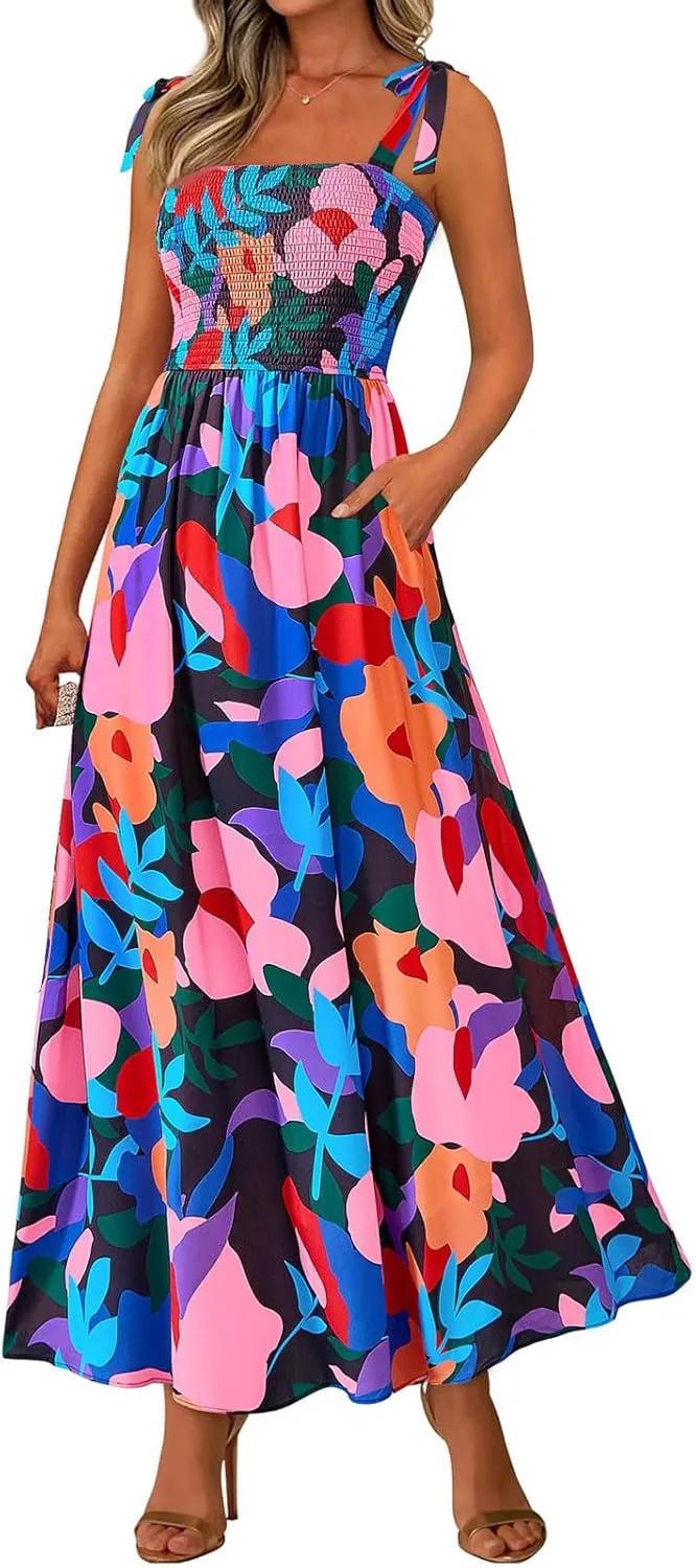 Women's Summer Floral Maxi Dress Spaghetti Strap Smocked Boho Beach Long Dress Sleeveless Ruffle Tiered Flowy Dresses