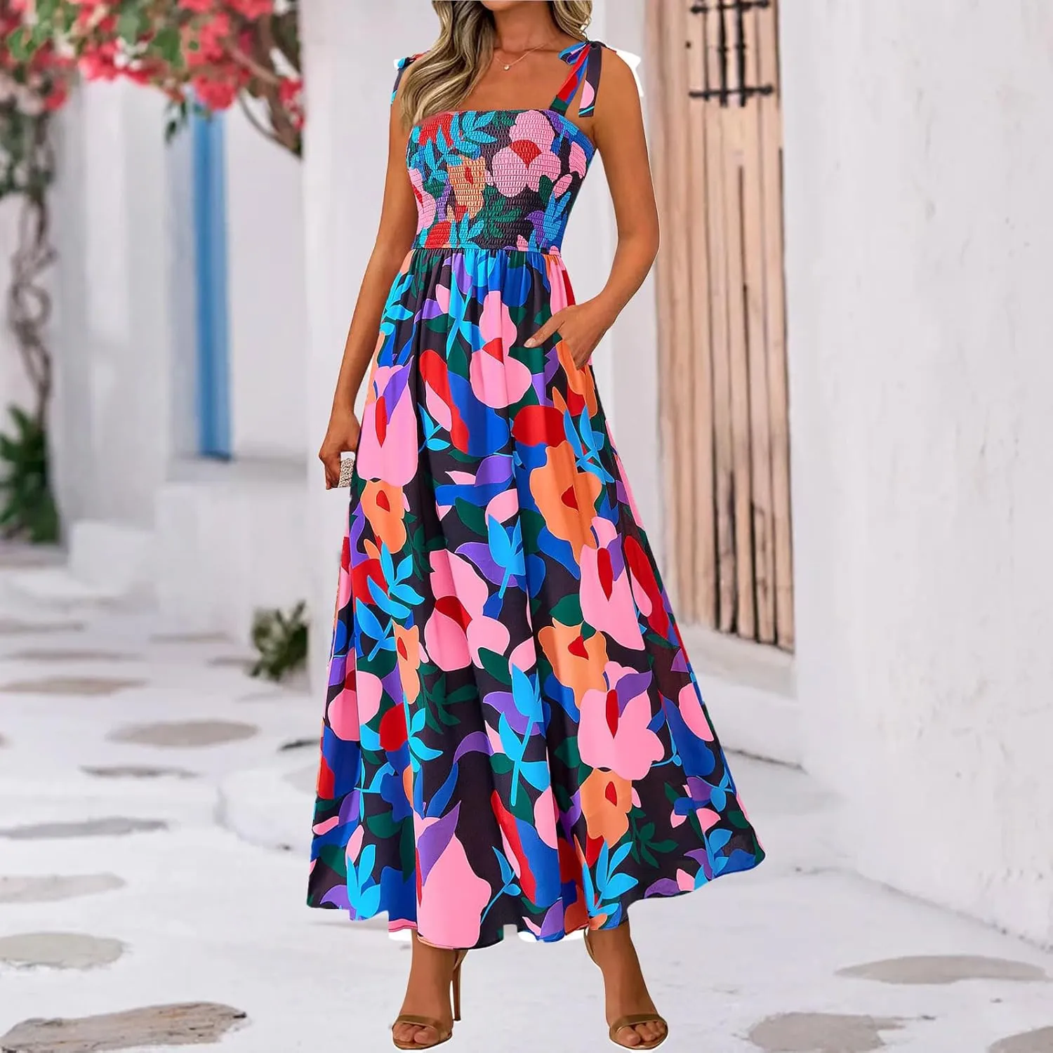 Women's Summer Floral Maxi Dress Spaghetti Strap Smocked Boho Beach Long Dress Sleeveless Ruffle Tiered Flowy Dresses