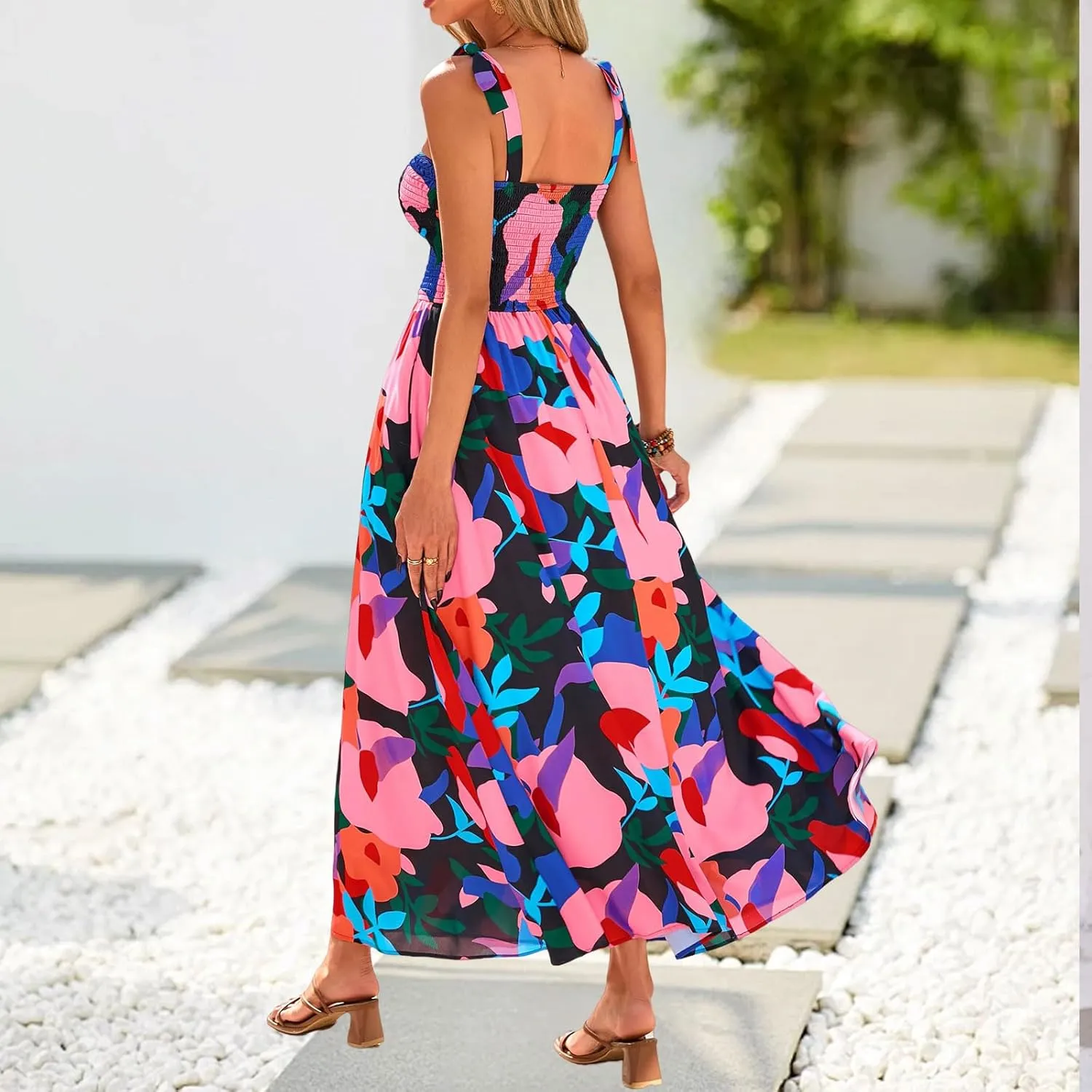 Women's Summer Floral Maxi Dress Spaghetti Strap Smocked Boho Beach Long Dress Sleeveless Ruffle Tiered Flowy Dresses