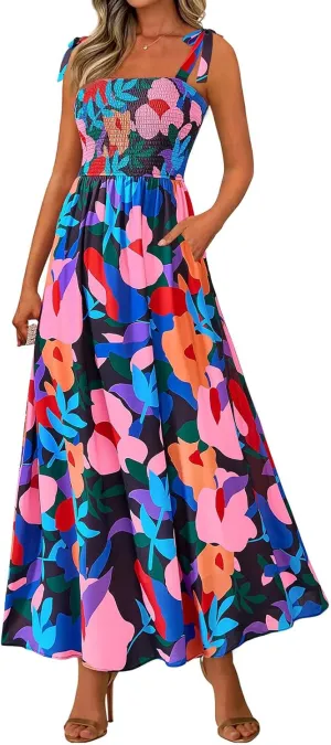Women's Summer Floral Maxi Dress Spaghetti Strap Smocked Boho Beach Long Dress Sleeveless Ruffle Tiered Flowy Dresses