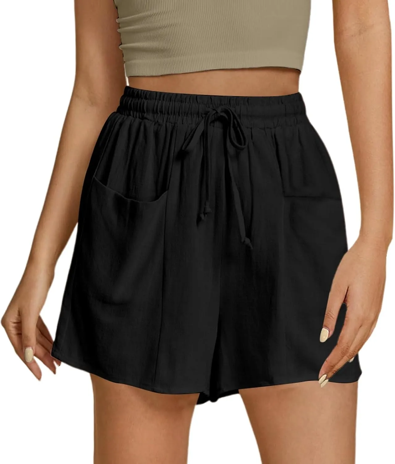 Women's Summer Linen High Elastic Waist Drawstring Solid Color Casual Loose Fit Beach Shorts with Pockets