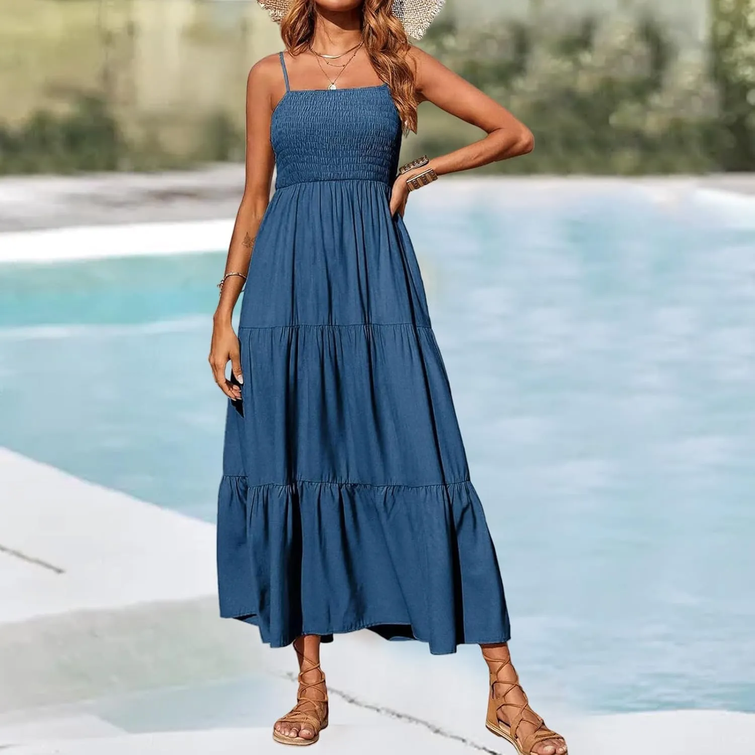 Women's Summer Maxi Dress Square Neck Spaghetti Straps Smocked Casual Beach Sundresses Flowy Tiered Long Dress