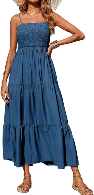 Women's Summer Maxi Dress Square Neck Spaghetti Straps Smocked Casual Beach Sundresses Flowy Tiered Long Dress