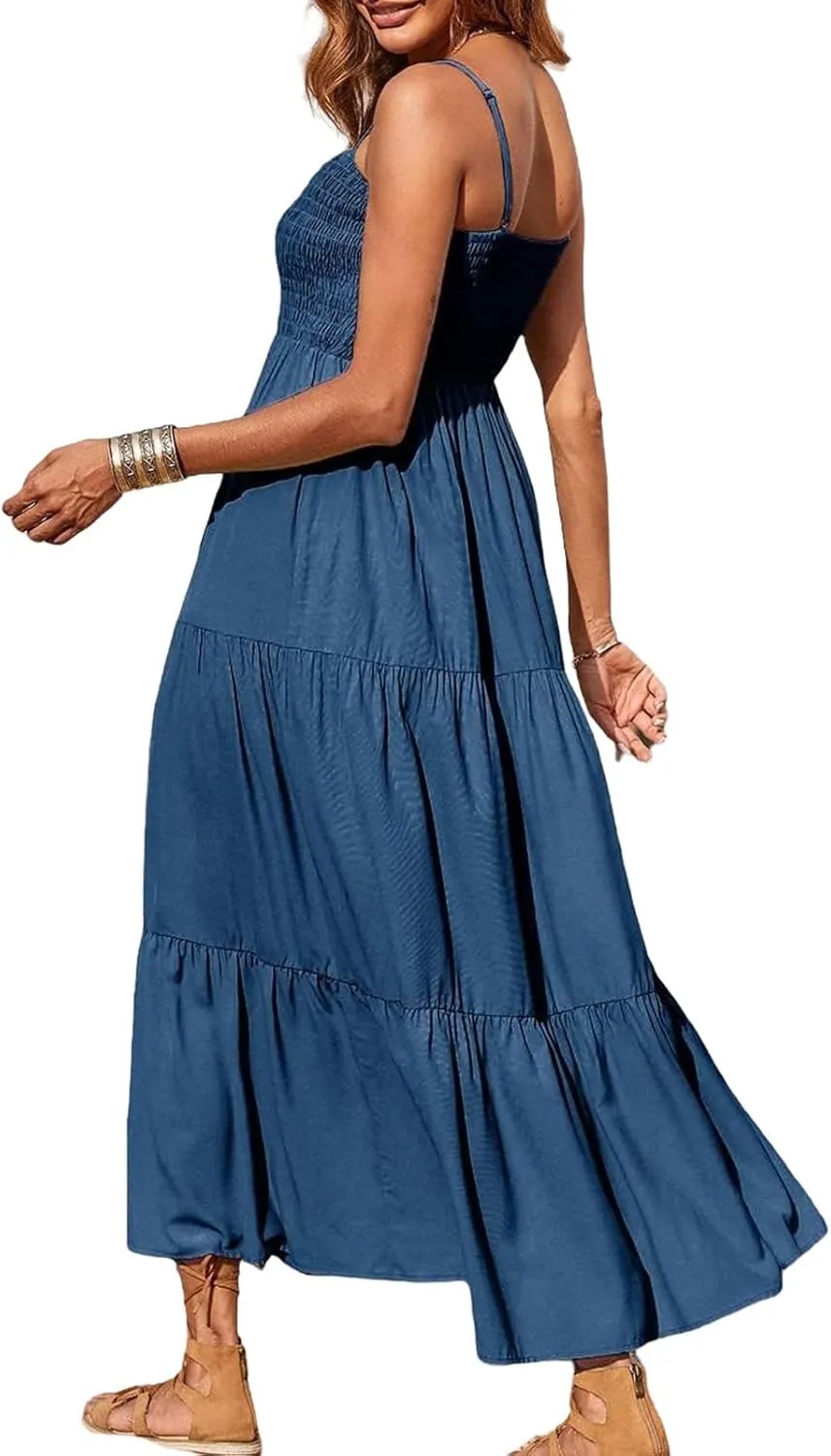 Women's Summer Maxi Dress Square Neck Spaghetti Straps Smocked Casual Beach Sundresses Flowy Tiered Long Dress