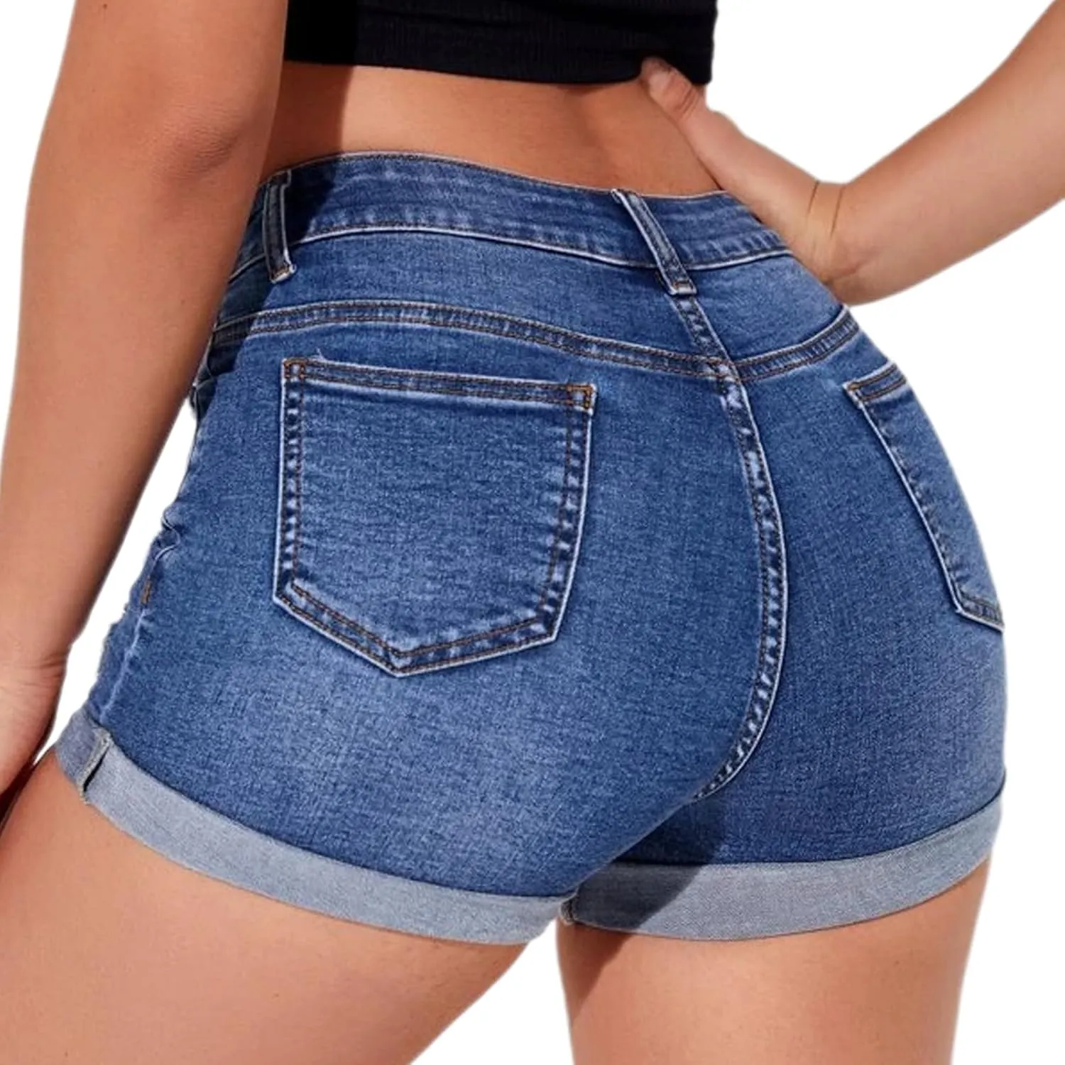 Women's Summer Mid Waist Ripped Stretchy Denim Shorts Folded Hem Distressed Jean Shorts