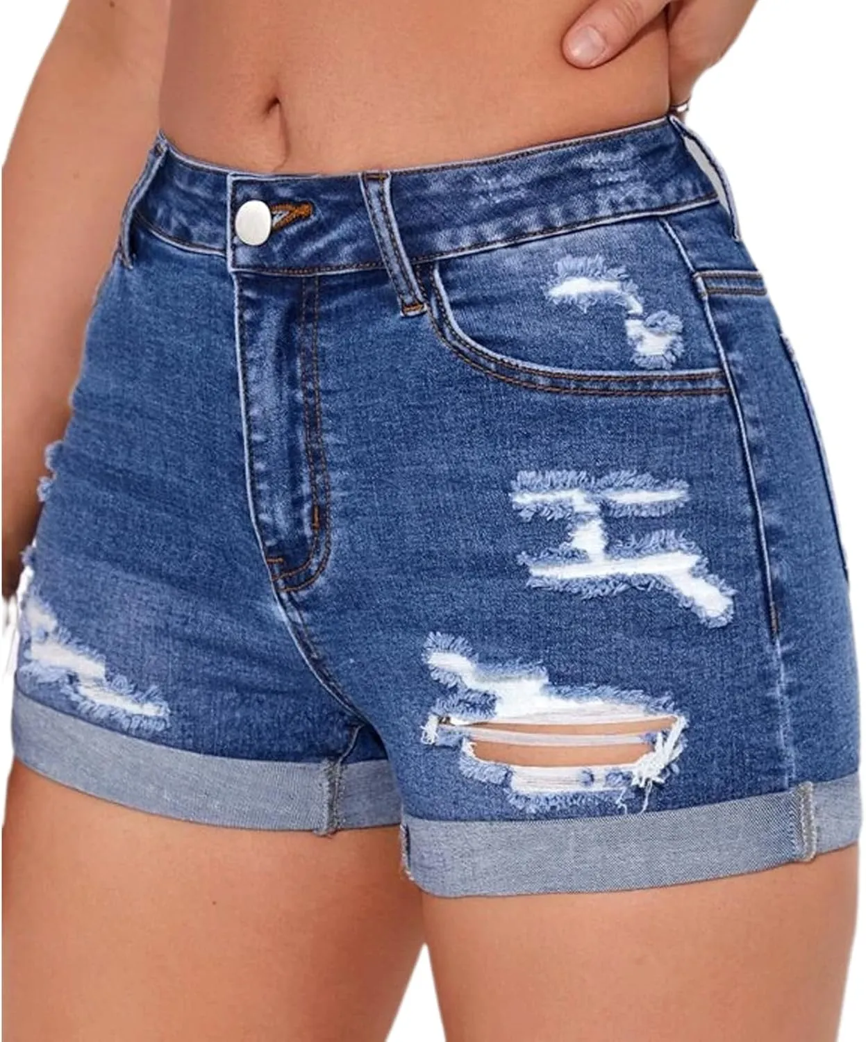 Women's Summer Mid Waist Ripped Stretchy Denim Shorts Folded Hem Distressed Jean Shorts