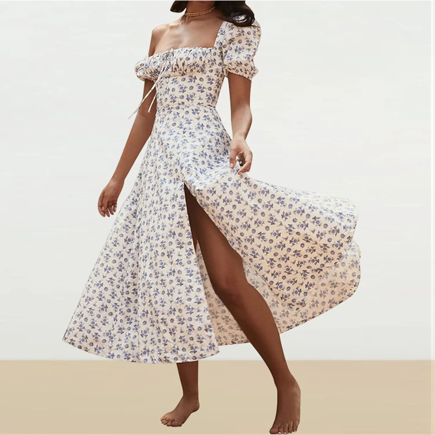 Womens Summer Puff Sleeve Dress Side Split Maxi Dresses Square Neck Floral Print Boho Long Dresses Beach Dress