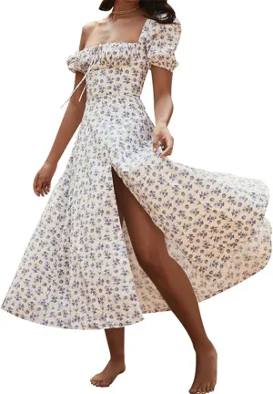 Womens Summer Puff Sleeve Dress Side Split Maxi Dresses Square Neck Floral Print Boho Long Dresses Beach Dress