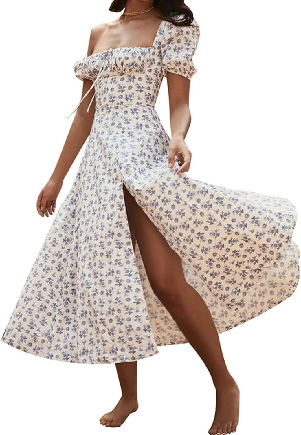 Womens Summer Puff Sleeve Dress Side Split Maxi Dresses Square Neck Floral Print Boho Long Dresses Beach Dress