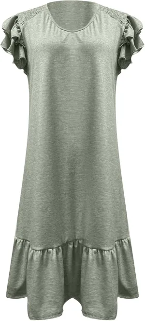 Women's Summer Ruffle Cap Sleeveless Smocked Textured Dress V Neck Flowy Mini Dresses Beach Tunic Swing Dress