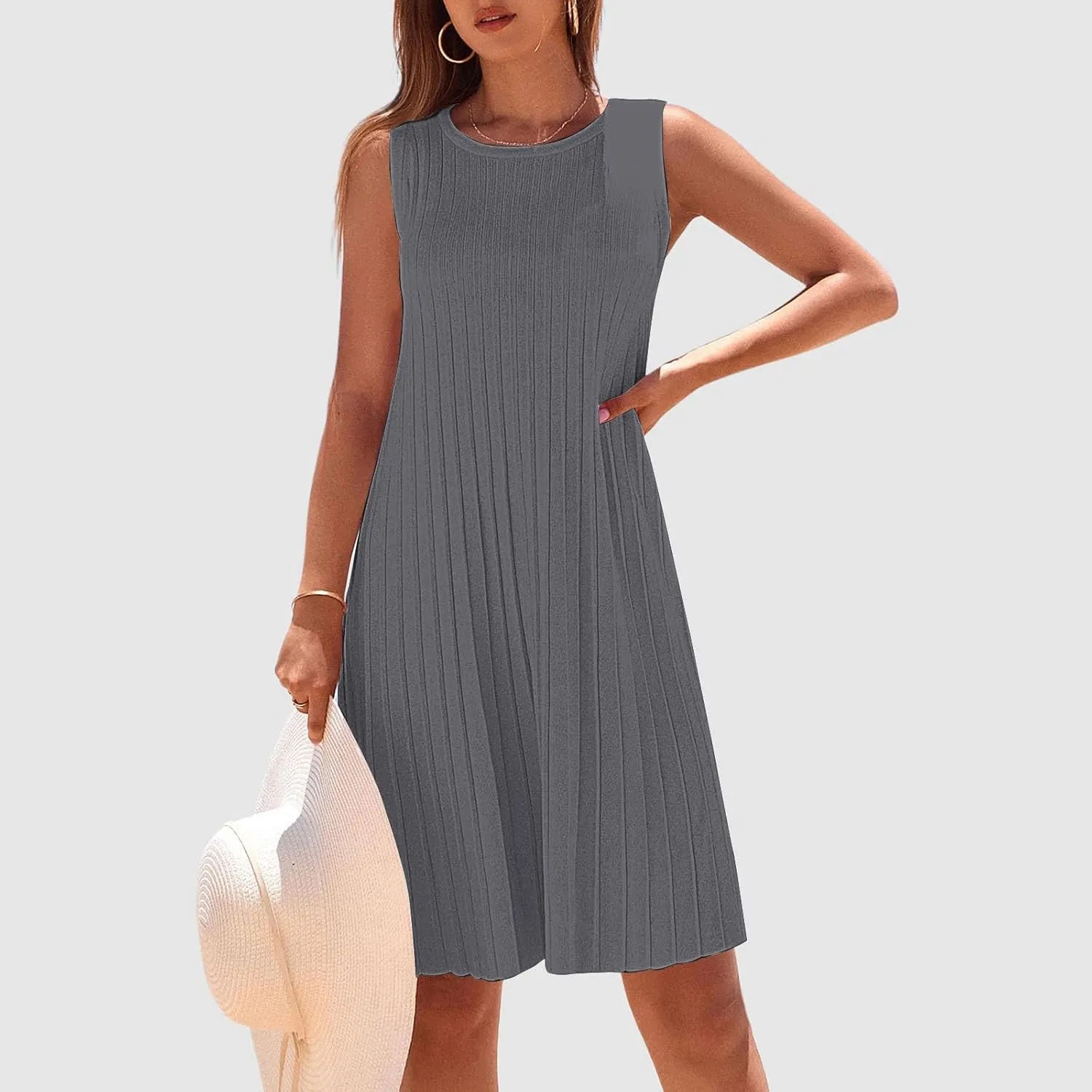 Womens Summer Sleeveless Mini Dress Crewneck Casual A Line Pleated Cover Ups Swing Tank Dresses